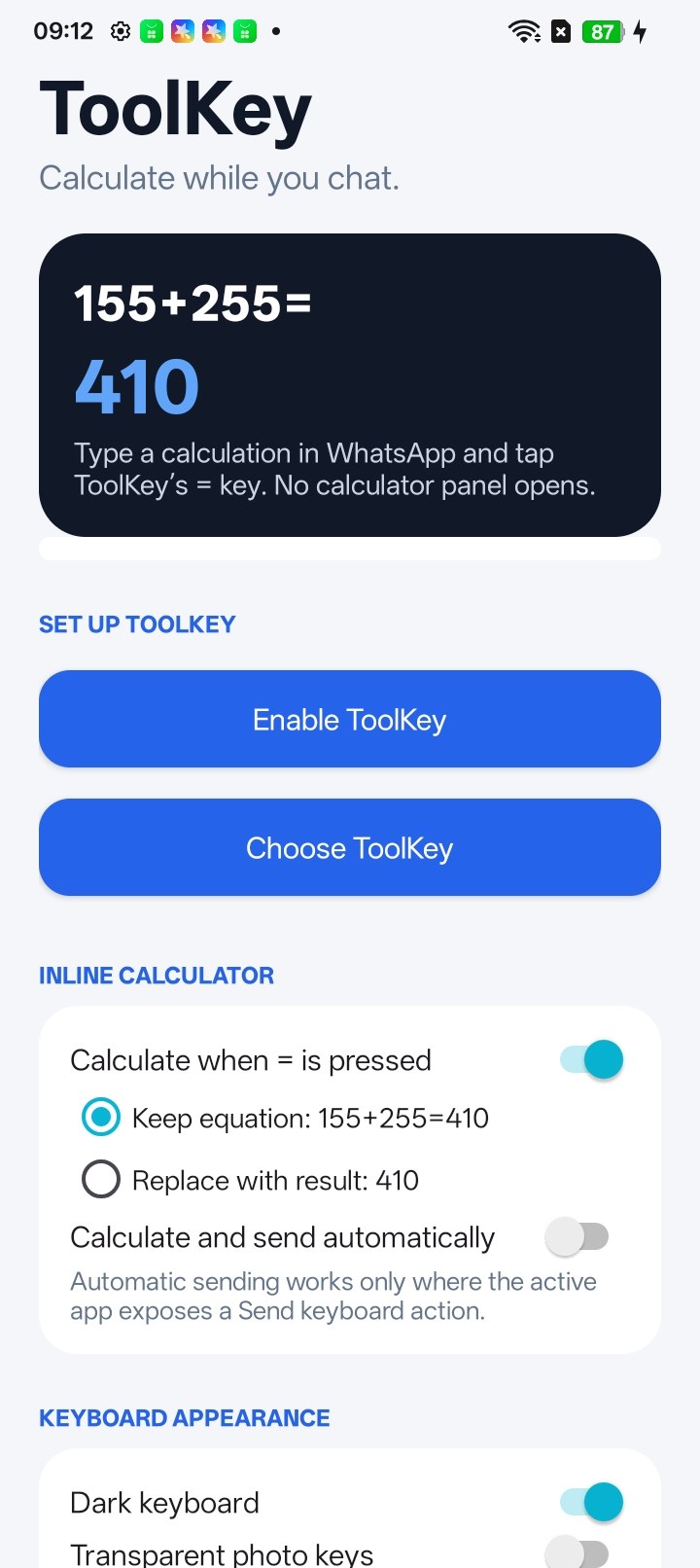 ToolKey companion app settings